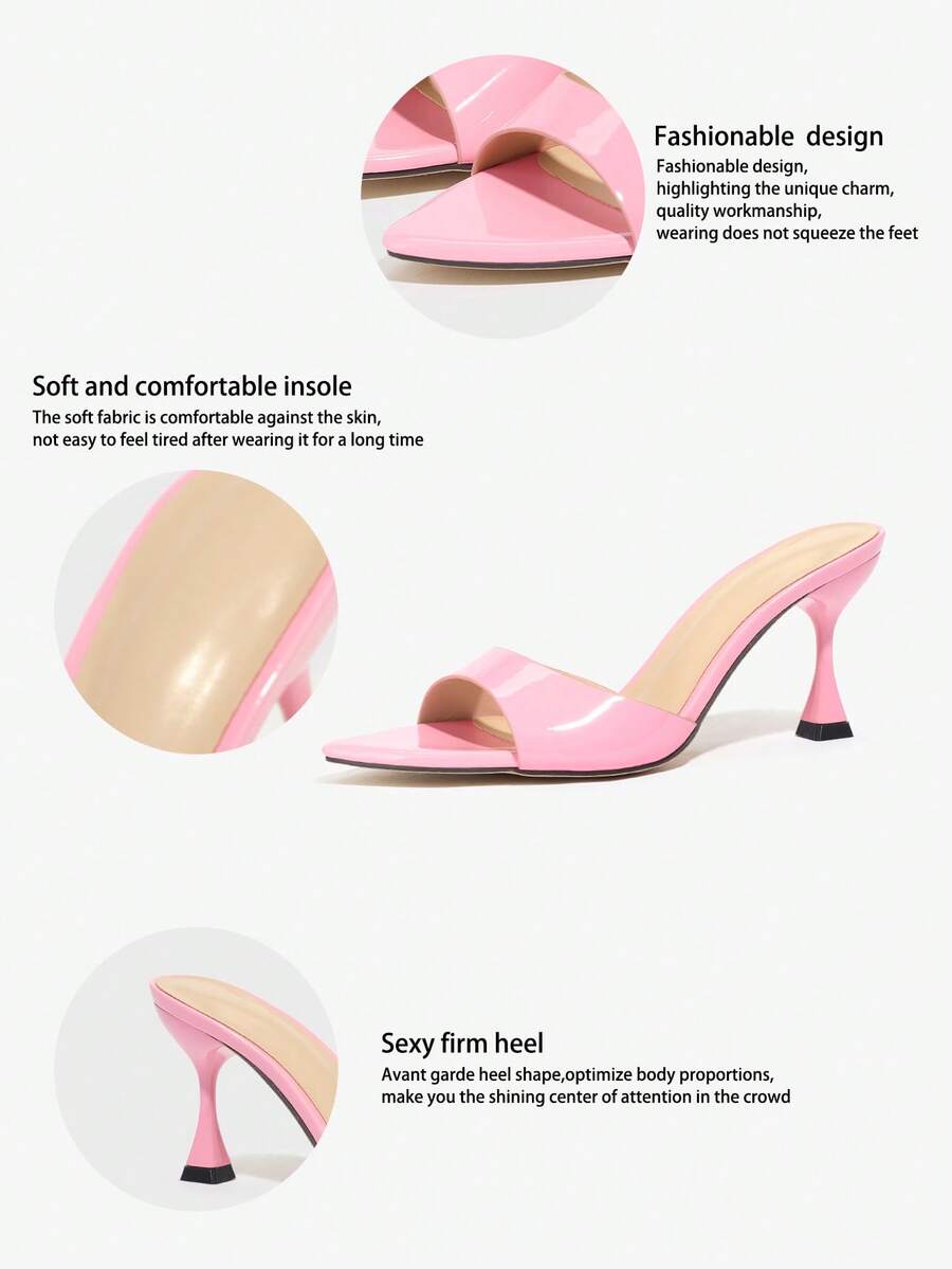 Women's pointed toe high heel mule sandals featuring a sleek slip-on design with elegant lace embroidery detailing