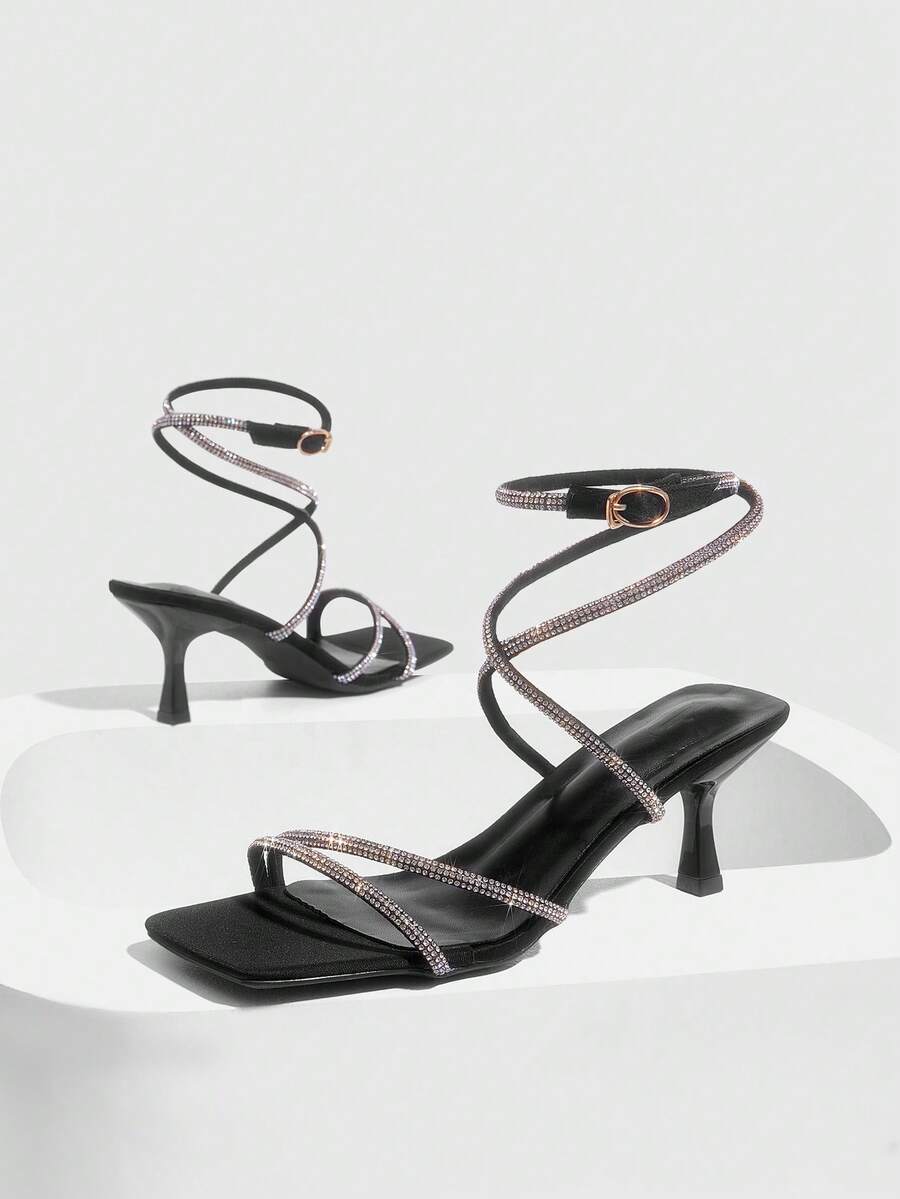Square toe kitten heel sandals with sparkling rhinestone strap in light gold PU leather