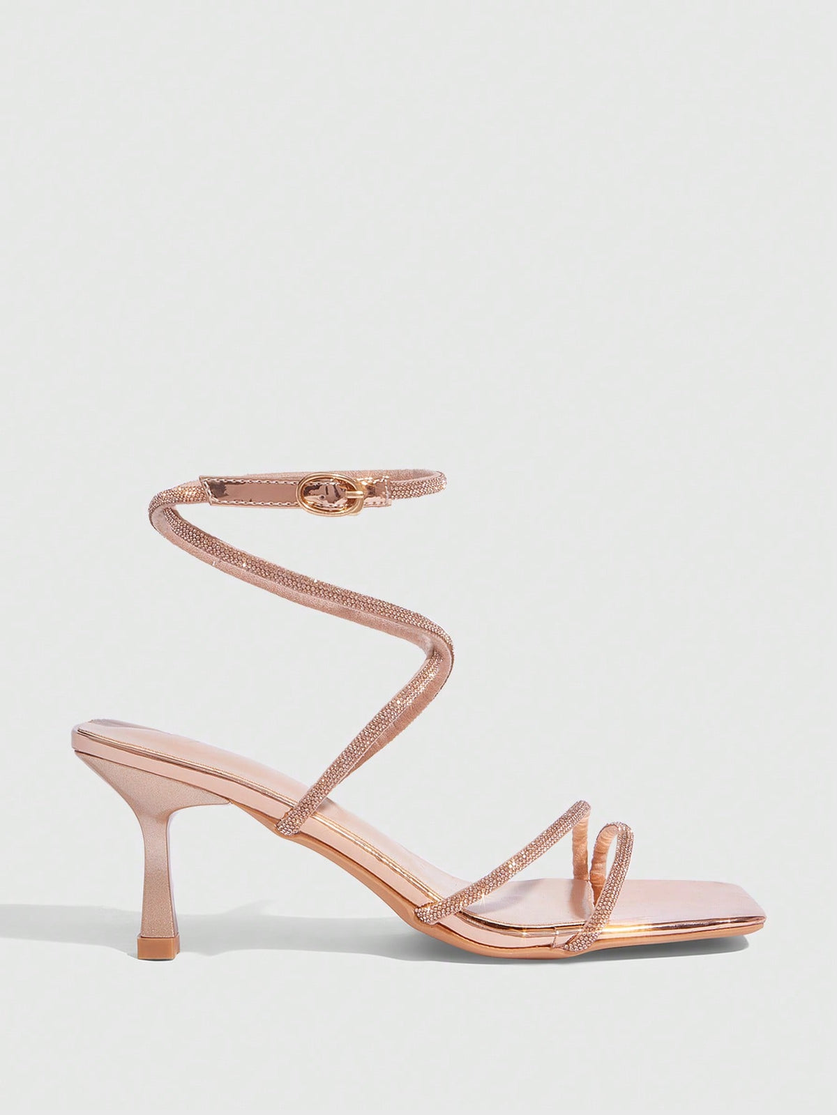 Square toe kitten heel sandals with sparkling rhinestone strap in light gold PU leather