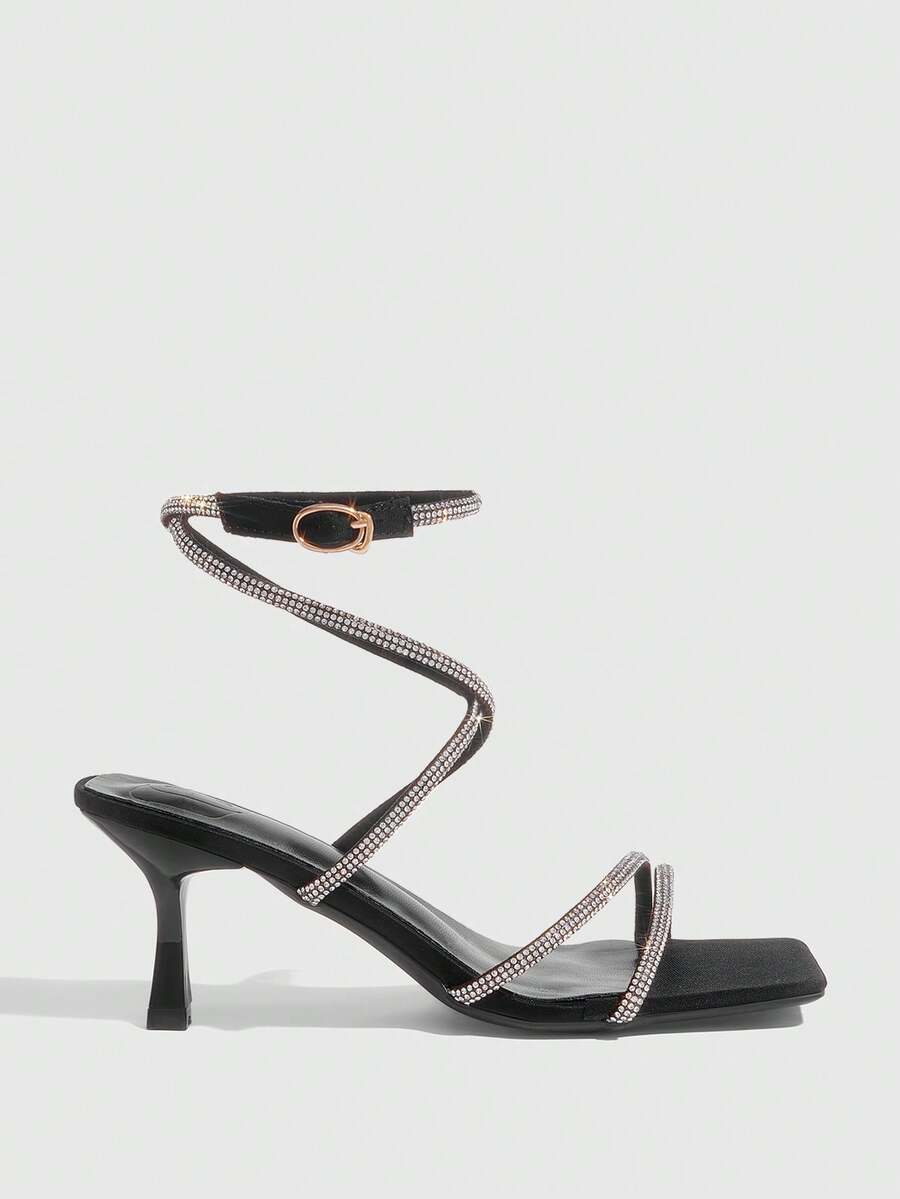 Square toe kitten heel sandals with sparkling rhinestone strap in light gold PU leather
