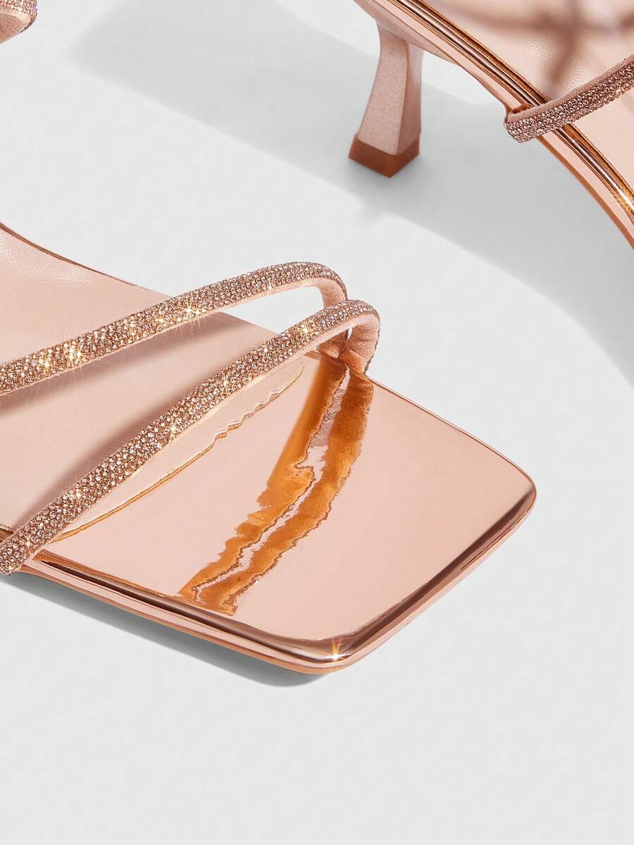 Square toe kitten heel sandals with sparkling rhinestone strap in light gold PU leather