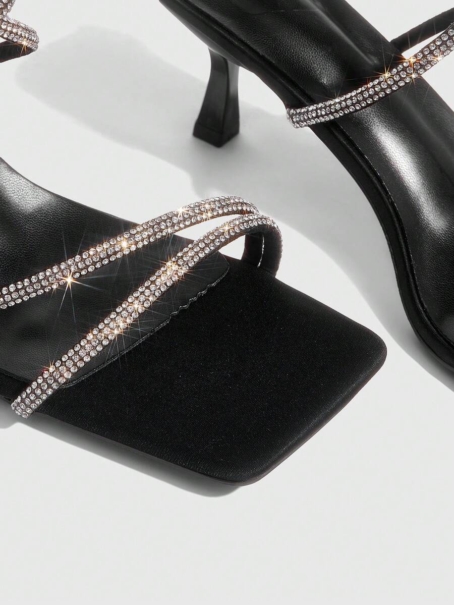 Square toe kitten heel sandals with sparkling rhinestone strap in light gold PU leather