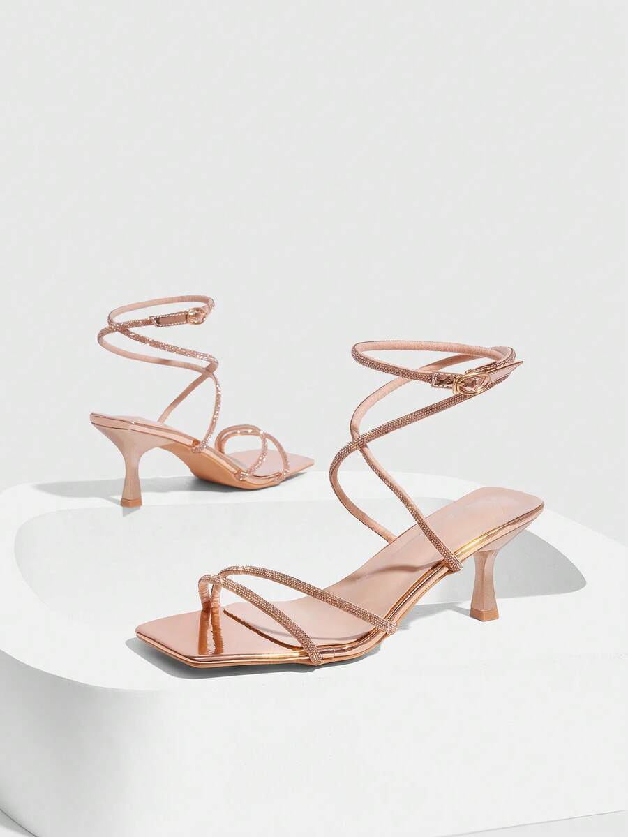 Square toe kitten heel sandals with sparkling rhinestone strap in light gold PU leather