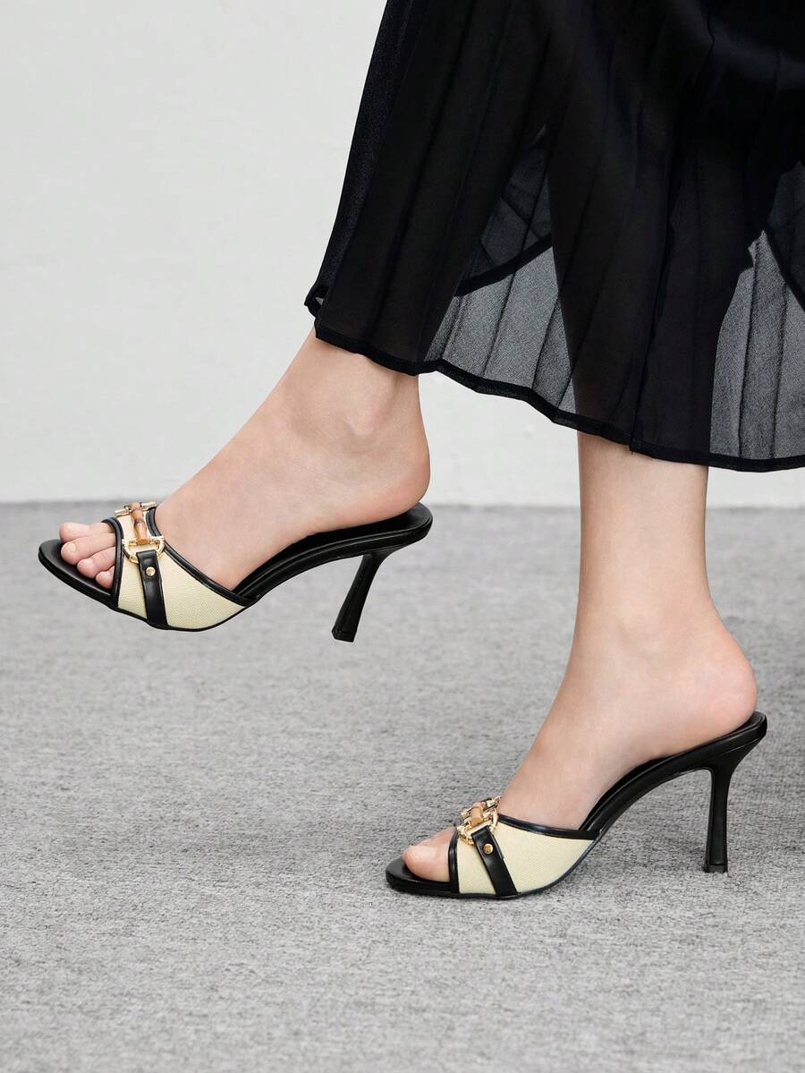Women's open toe high heel slingback sandals featuring metal bamboo joint accent and stiletto heels.