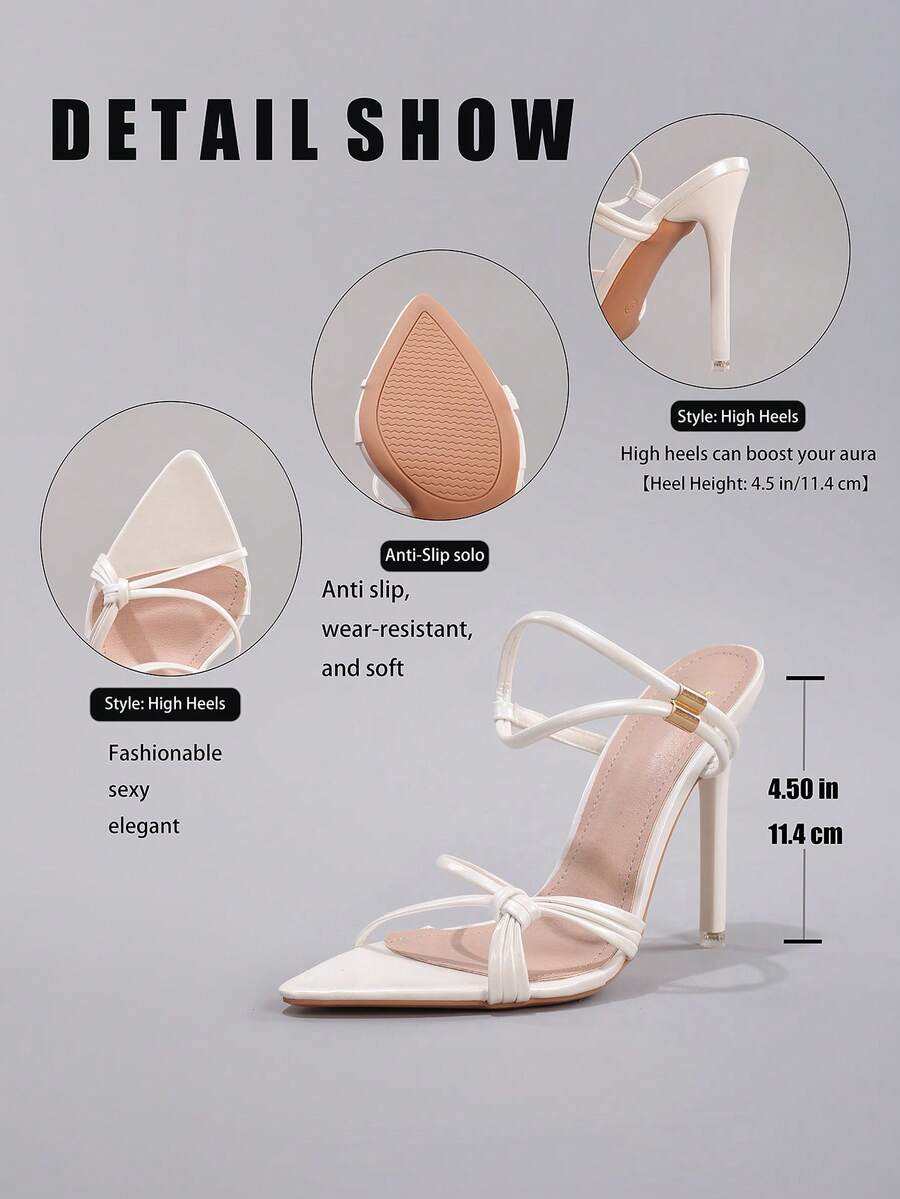 Lace stiletto high heel sandals with pointed open toe, ankle strap buckle, and bow detail