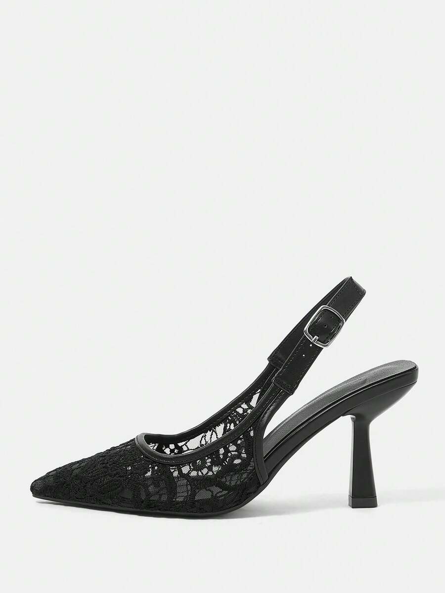 Pointed toe stiletto high heel pumps featuring black lace mesh upper, buckle slingback detail, and sleek slip-on design for weddings and evening wear.