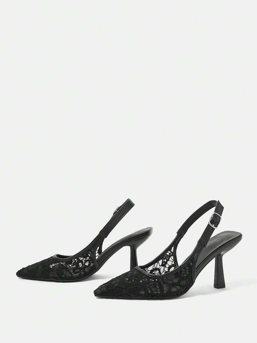 Pointed toe stiletto high heel pumps featuring black lace mesh upper, buckle slingback detail, and sleek slip-on design for weddings and evening wear.