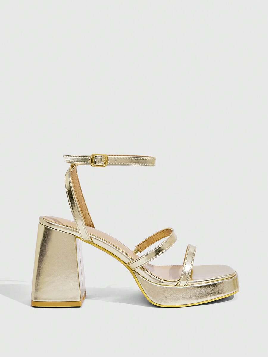 Women's high-heeled sandals with textured pattern, open toe design, chunky heel, and adjustable ankle buckle strap.