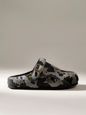 Women's cow pattern flat mules shoes with adjustable buckle strap and flat rubber sole