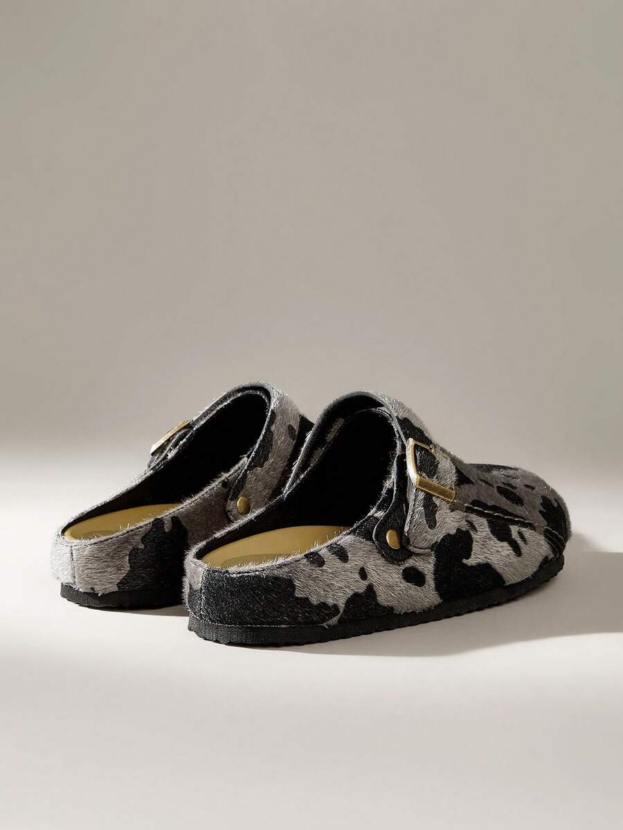 Women's cow pattern flat mules shoes with adjustable buckle strap and flat rubber sole