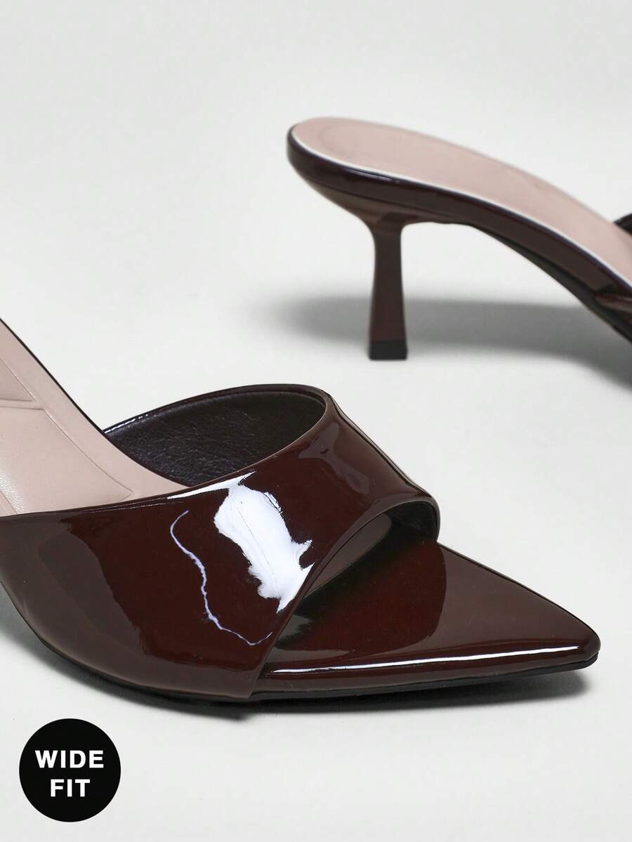 Women's wide-fit stiletto heel sandals in glossy patent PU with a sleek point toe design