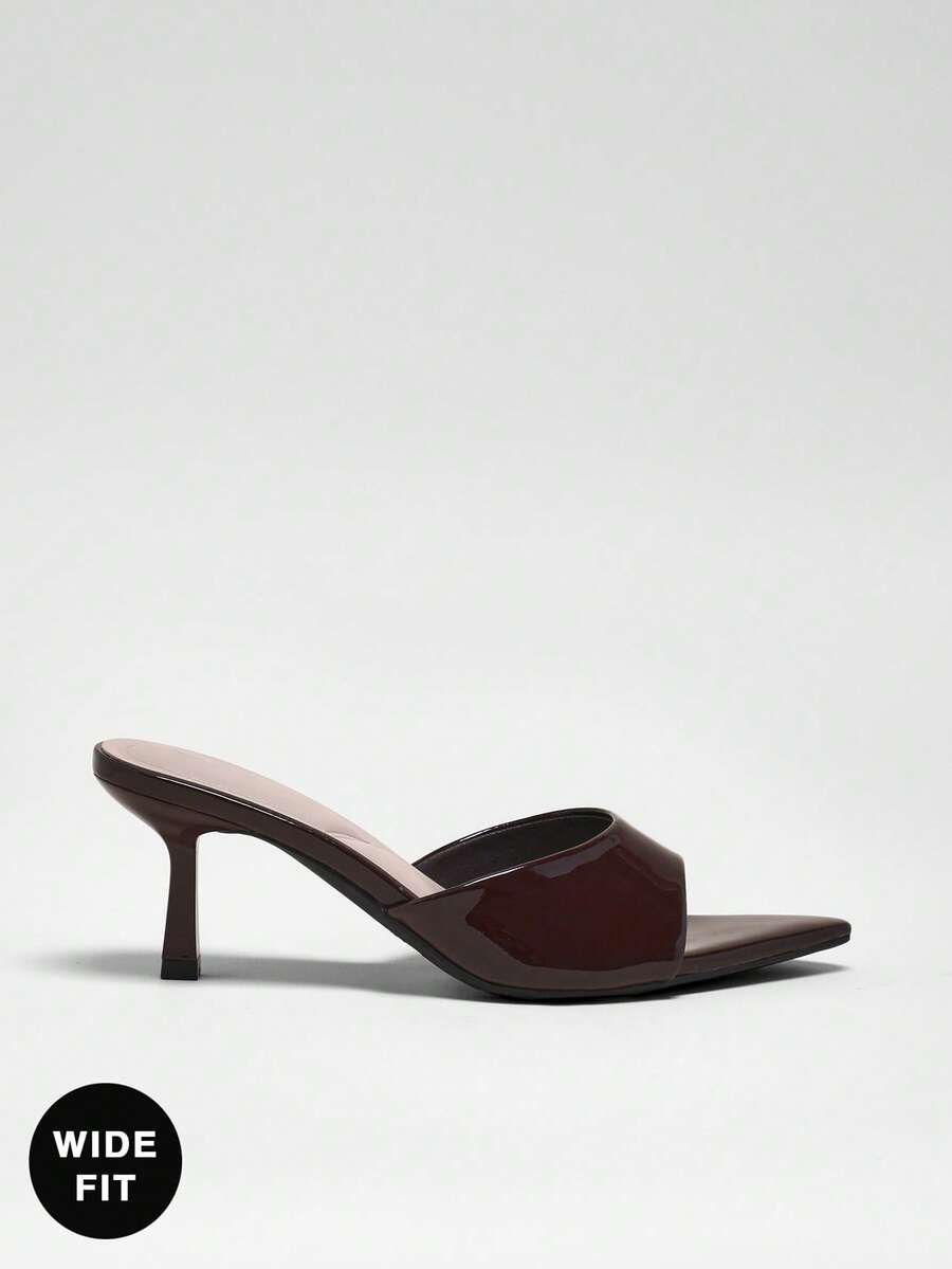 Women's wide-fit stiletto heel sandals in glossy patent PU with a sleek point toe design