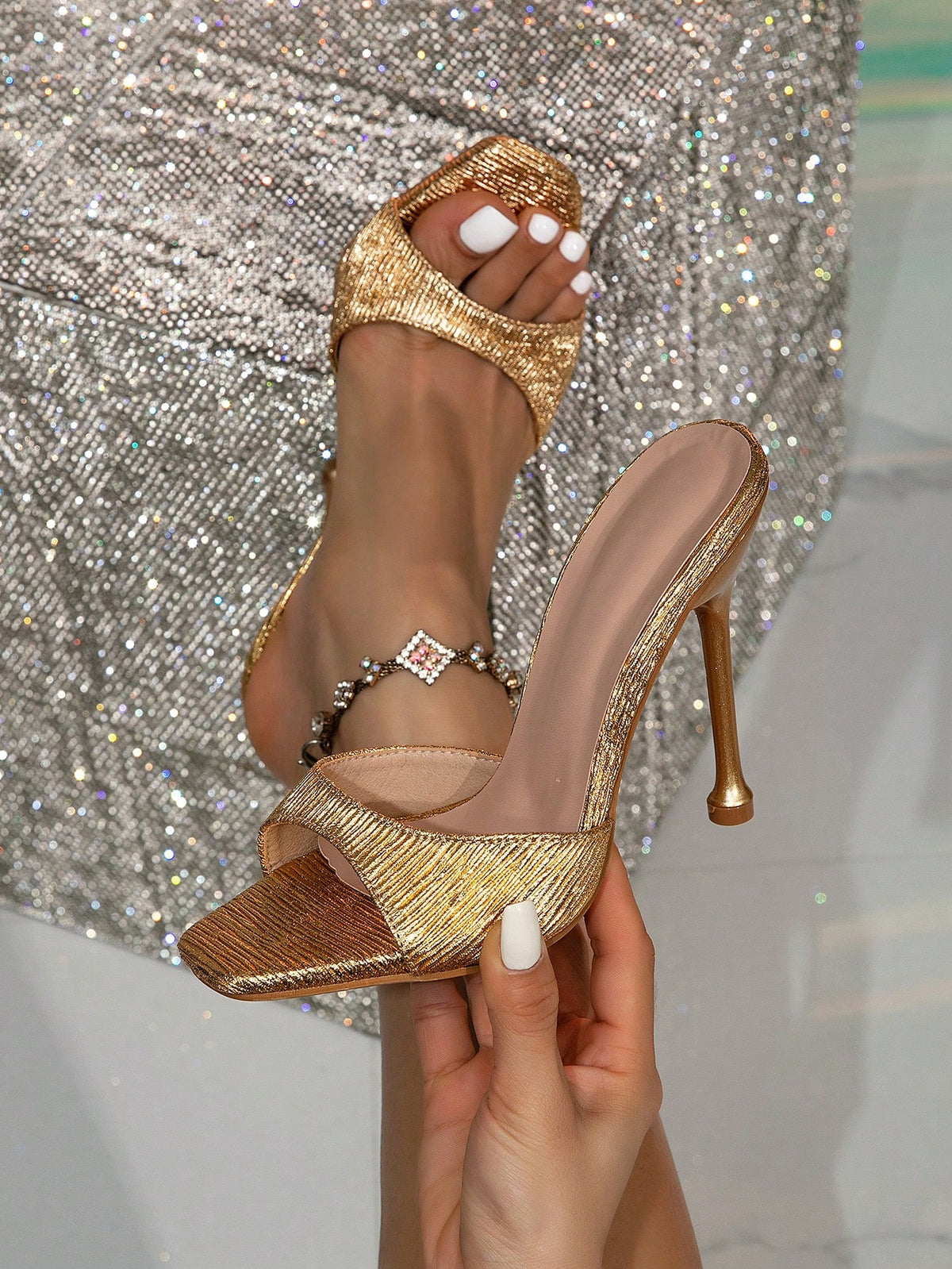 Square toe high heel mule sandals for women with pyramid accent, open toe, and stiletto heel