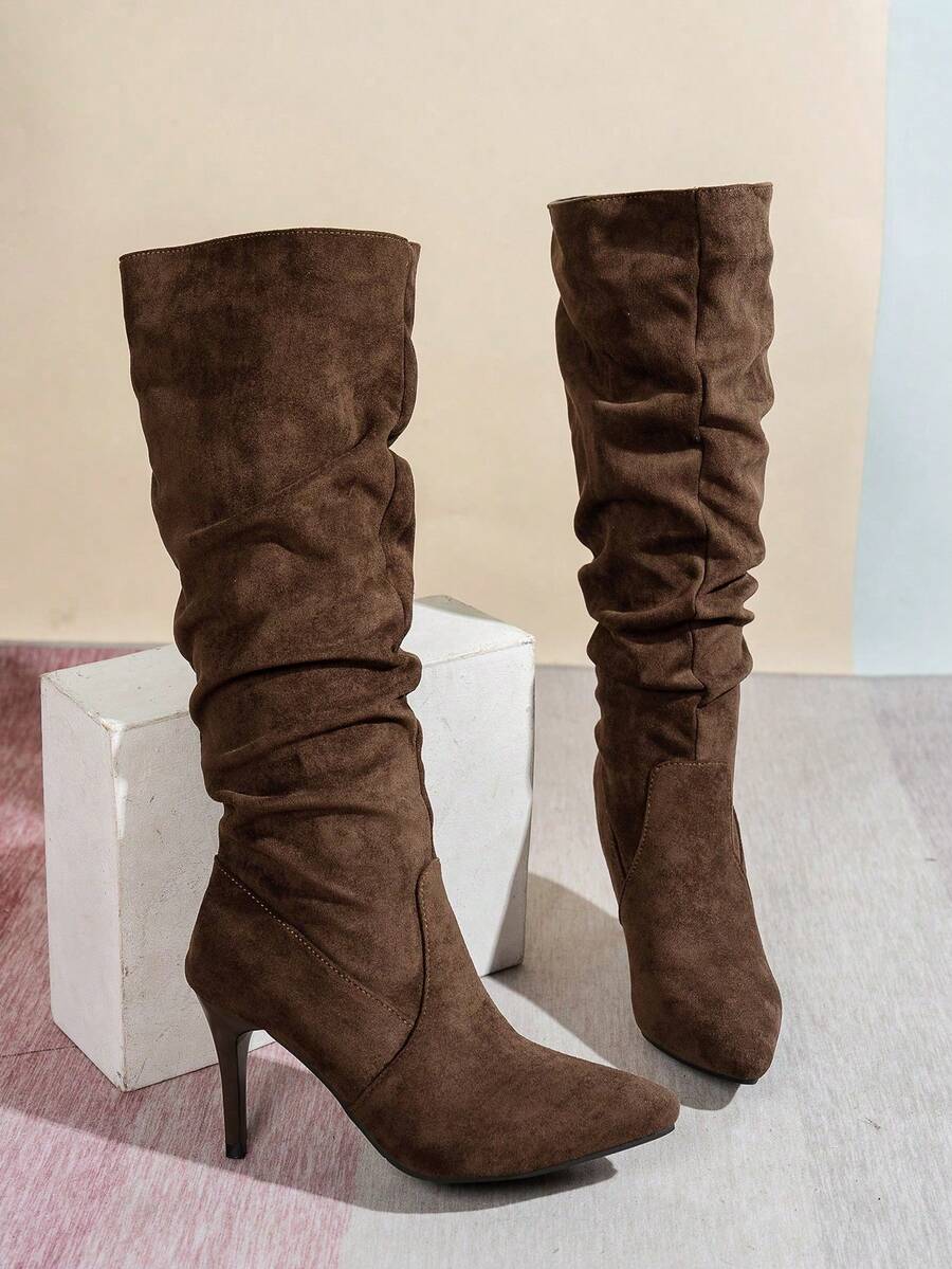Women's pointed toe wrinkled knee-high boots with slim kitten heels in slip-on slouchy design