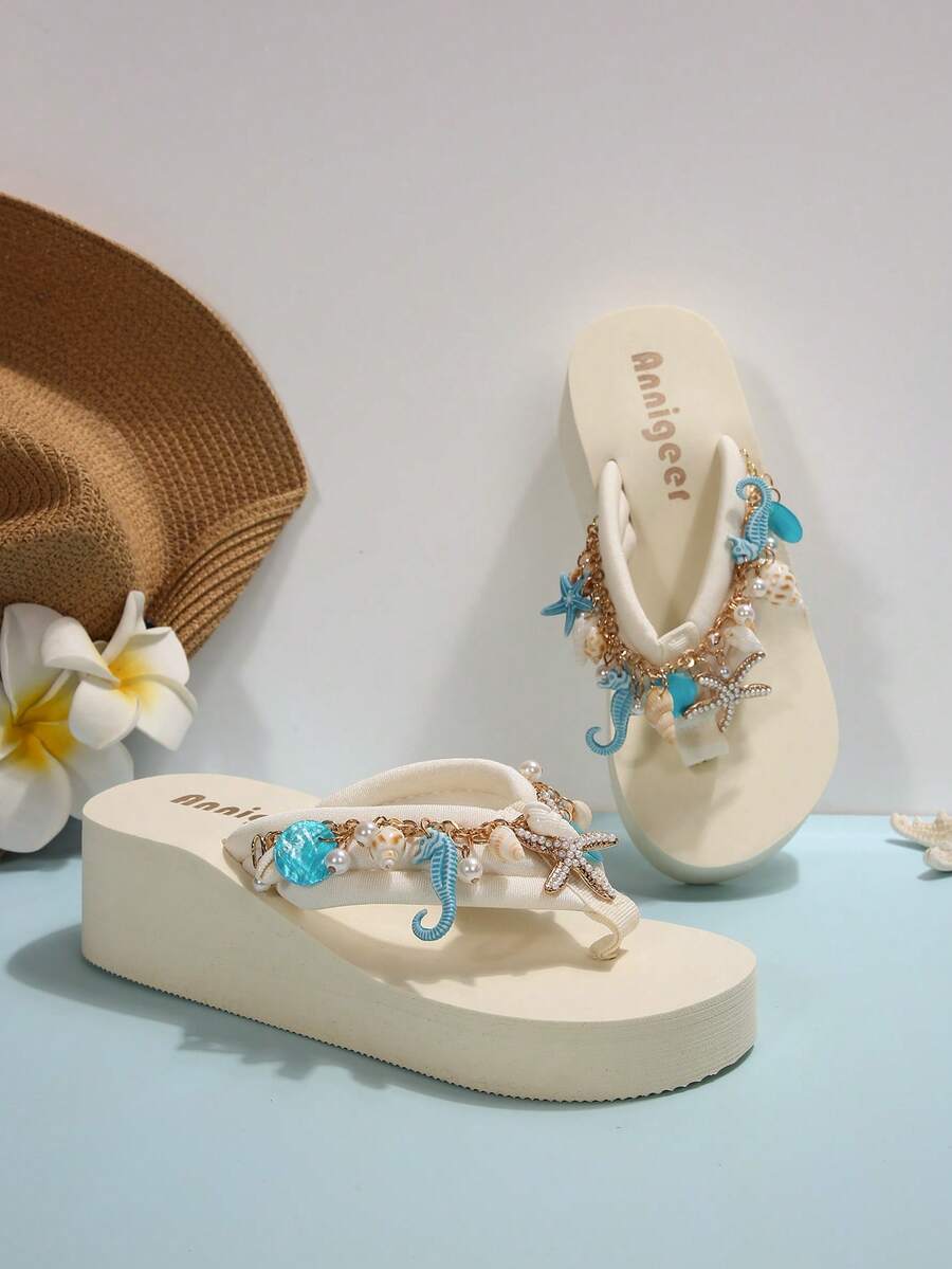 Beige platform wedge flip flop slippers featuring decorative chain and shell details with EVA sole for women.