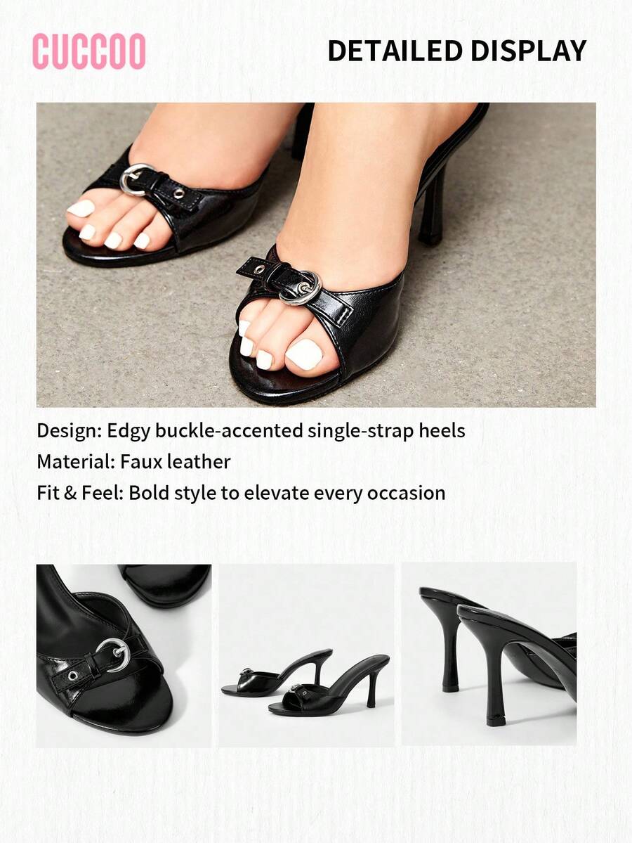 Women's open toe high heel slingback sandals featuring a stiletto heel, buckle strap with grommet eyelets, and smooth PU leather finish.