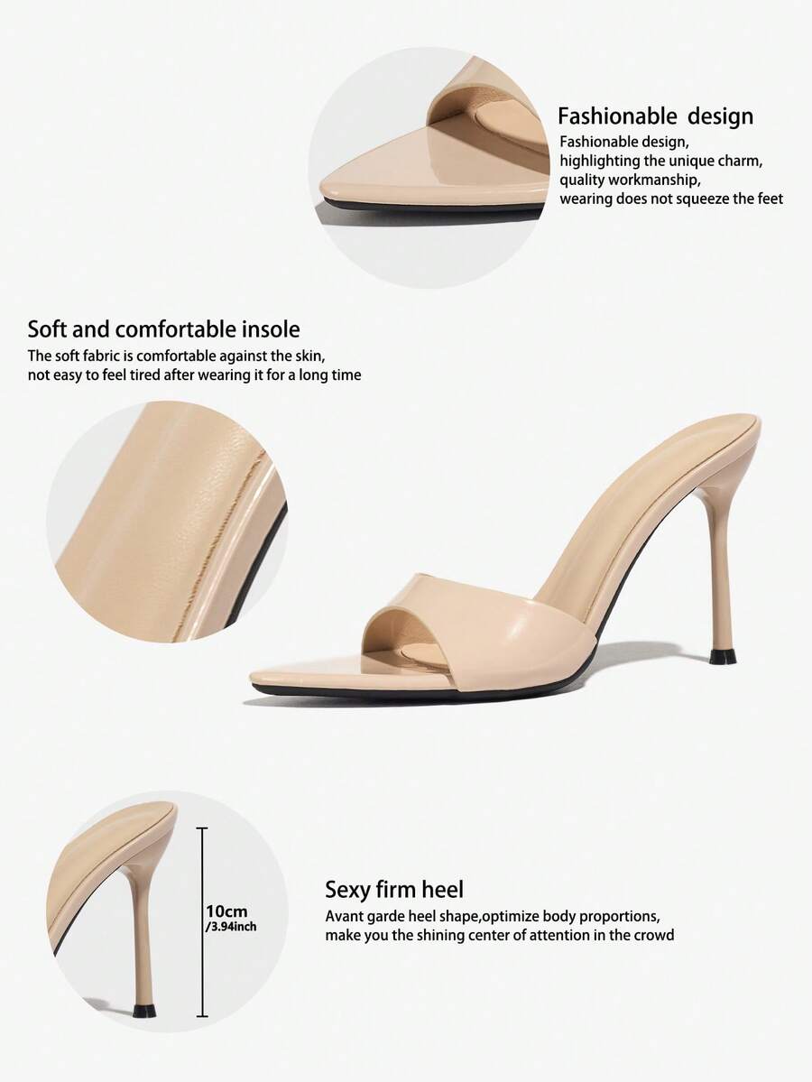 Women's elegant open toe high heel party mules featuring sleek stiletto heels and a slip-on design.