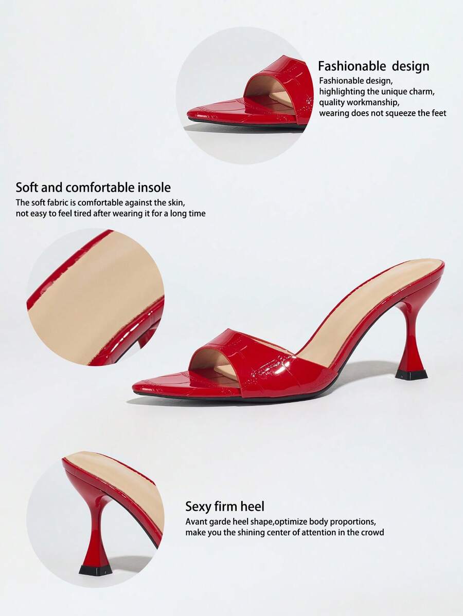Women's pointed toe high heel mule sandals featuring a sleek slip-on design with elegant lace embroidery detailing