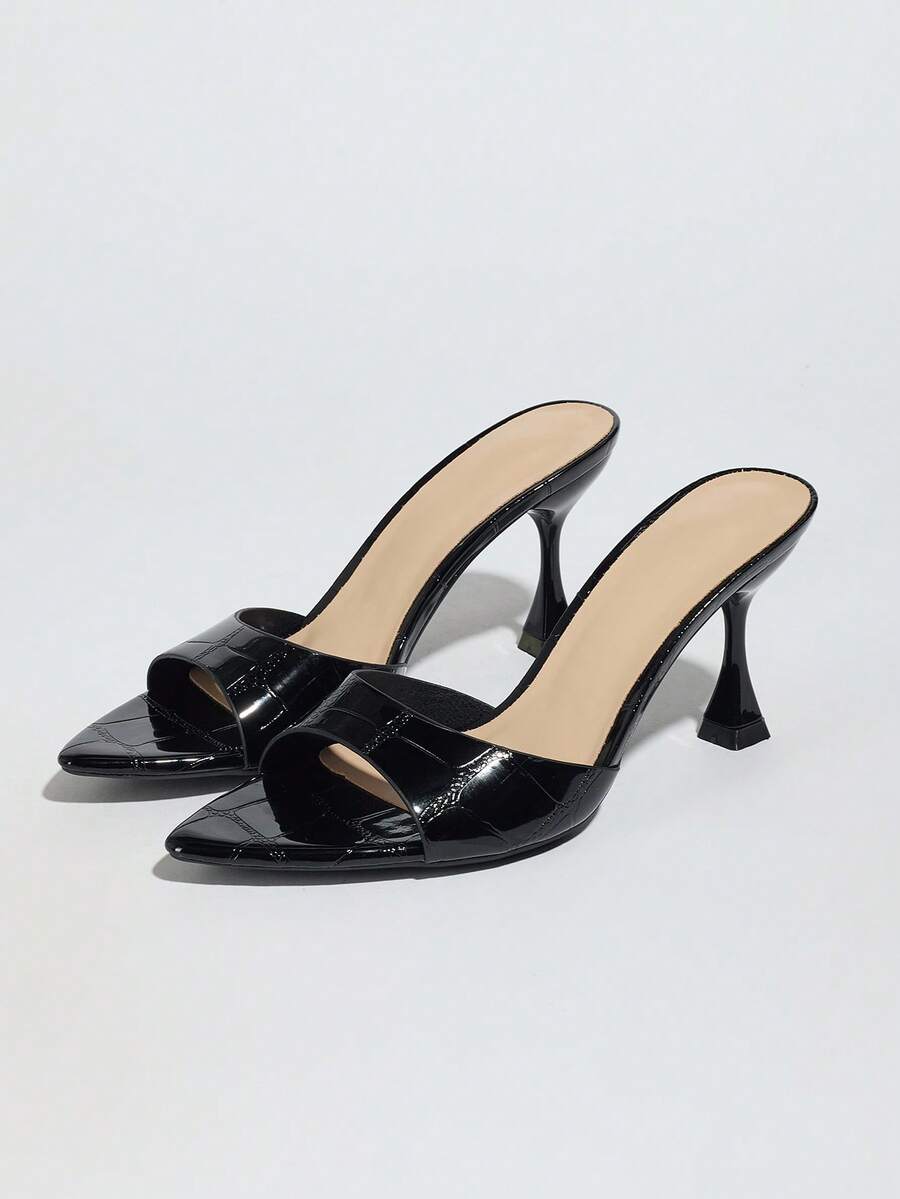 Women's pointed toe high heel mule sandals featuring a sleek slip-on design with elegant lace embroidery detailing