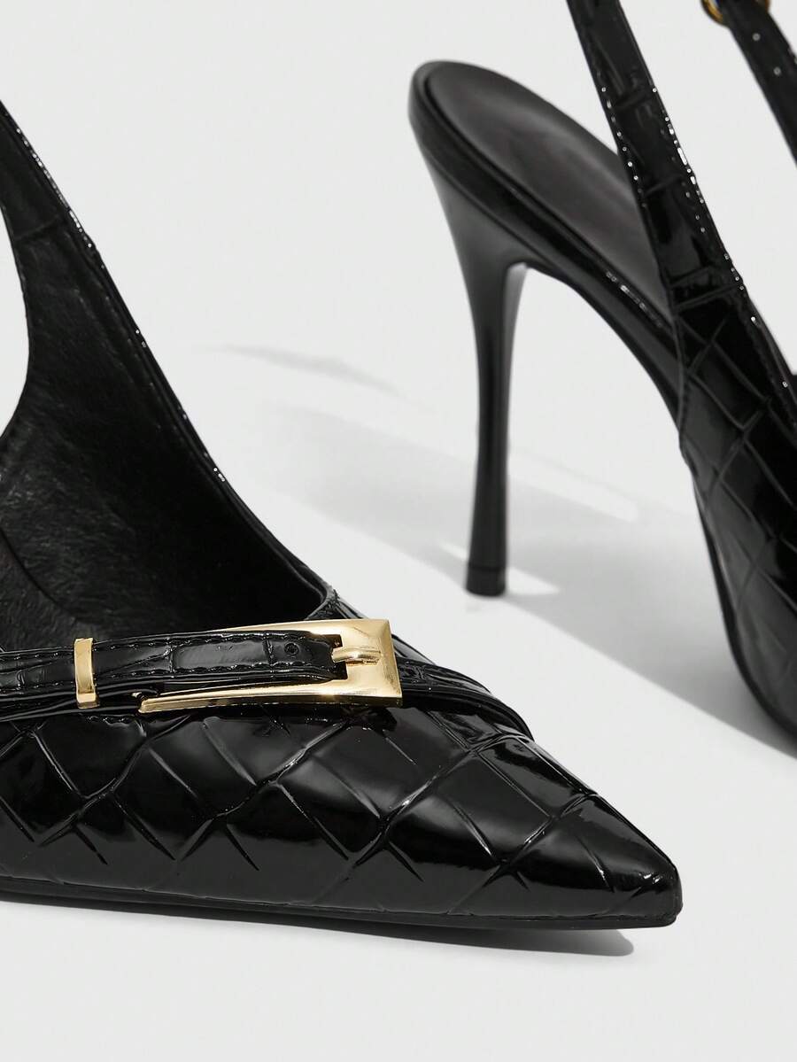 Pointed toe slingback high heel pumps with back strap and butterfly accent in PU leather
