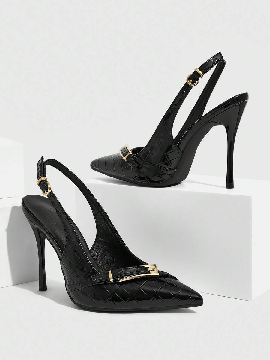 Pointed toe slingback high heel pumps with back strap and butterfly accent in PU leather