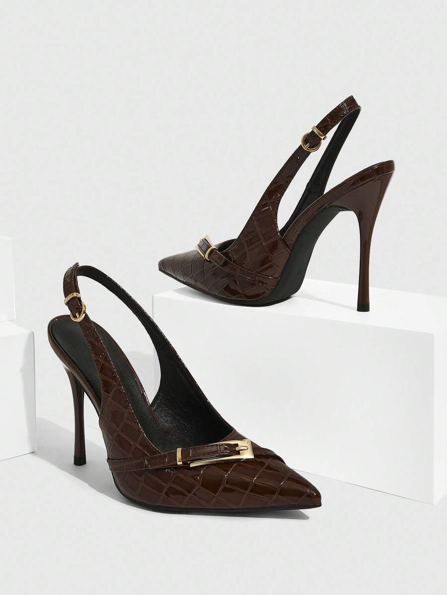 Pointed toe slingback high heel pumps with back strap and butterfly accent in PU leather