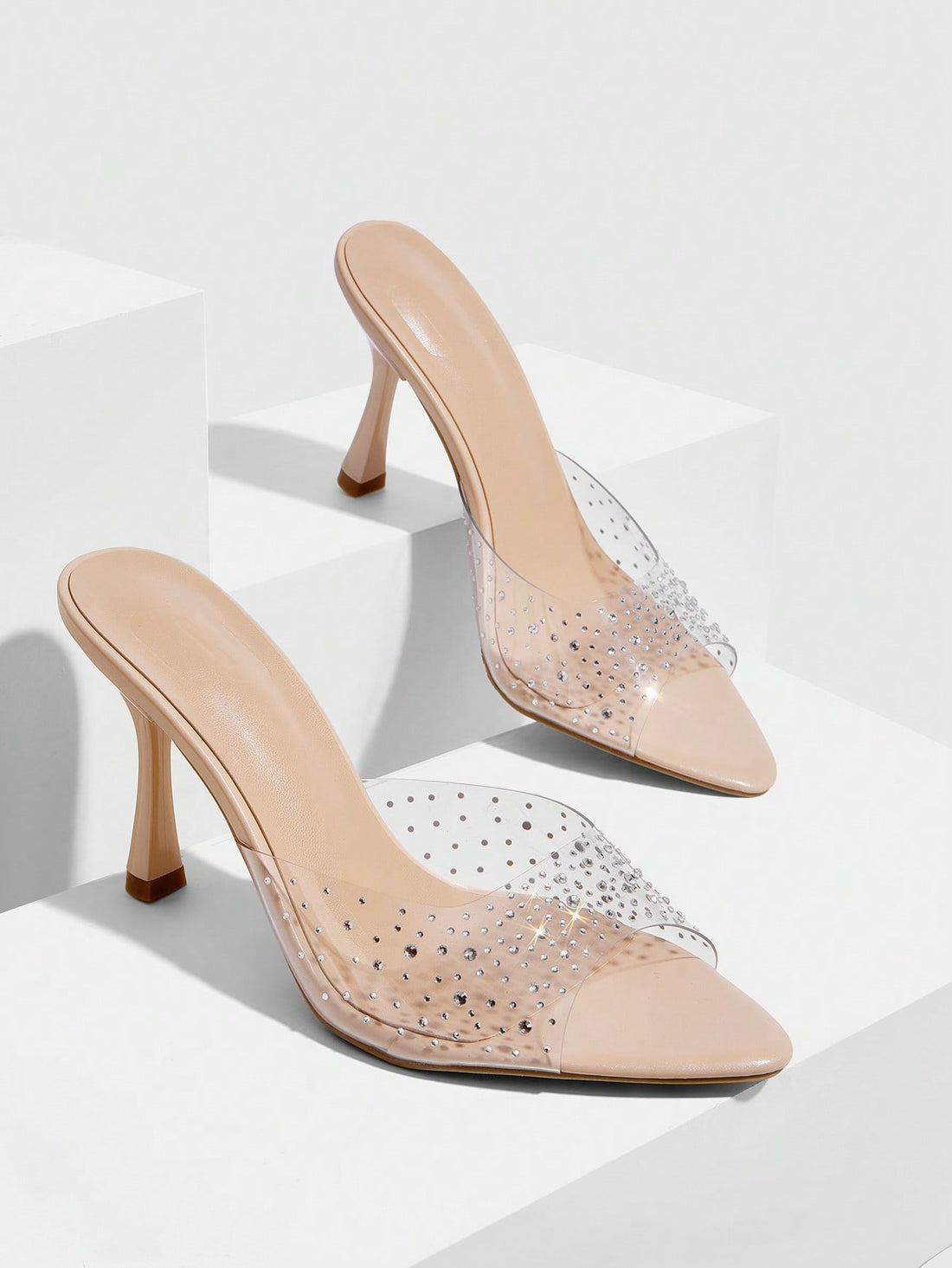 Pointed toe rhinestone high heel party sandals for women with stiletto heel and satin upper