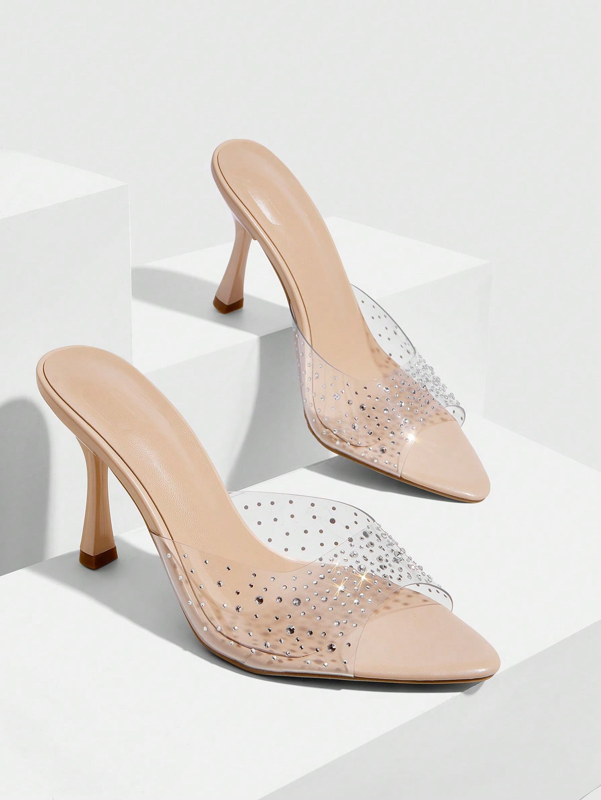 Pointed toe rhinestone high heel party sandals for women with stiletto heel and satin upper