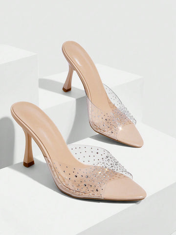 Pointed toe rhinestone high heel party sandals for women with stiletto heel and satin upper