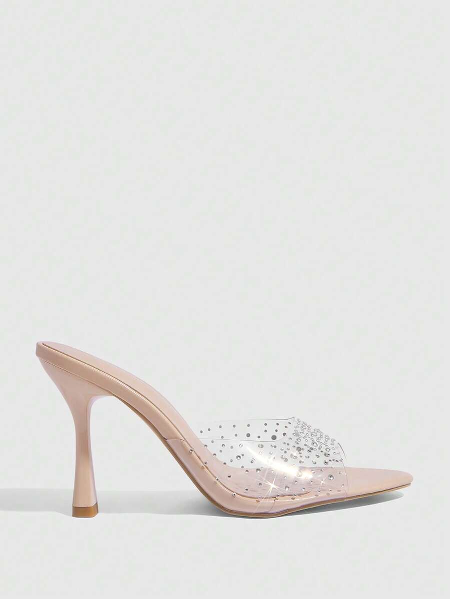 Pointed toe rhinestone high heel party sandals for women with stiletto heel and satin upper