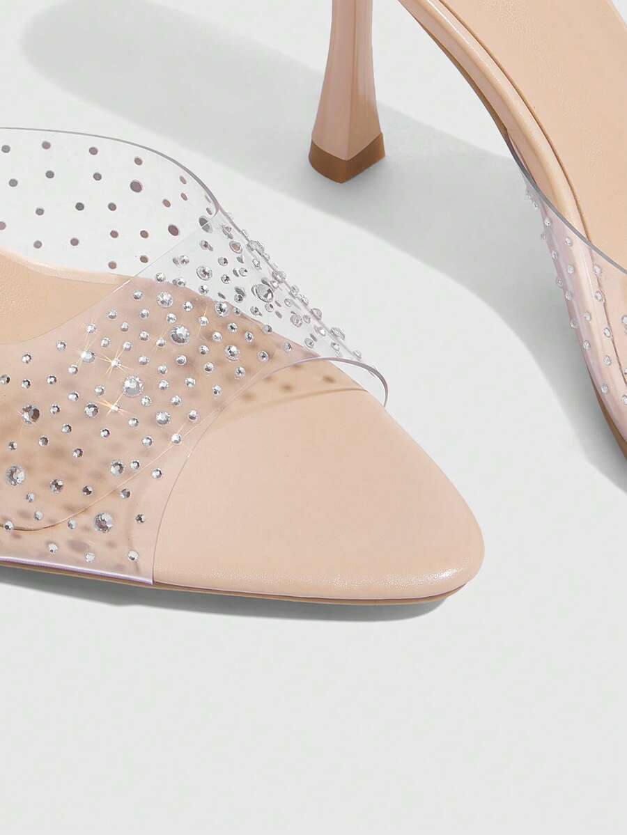 Pointed toe rhinestone high heel party sandals for women with stiletto heel and satin upper