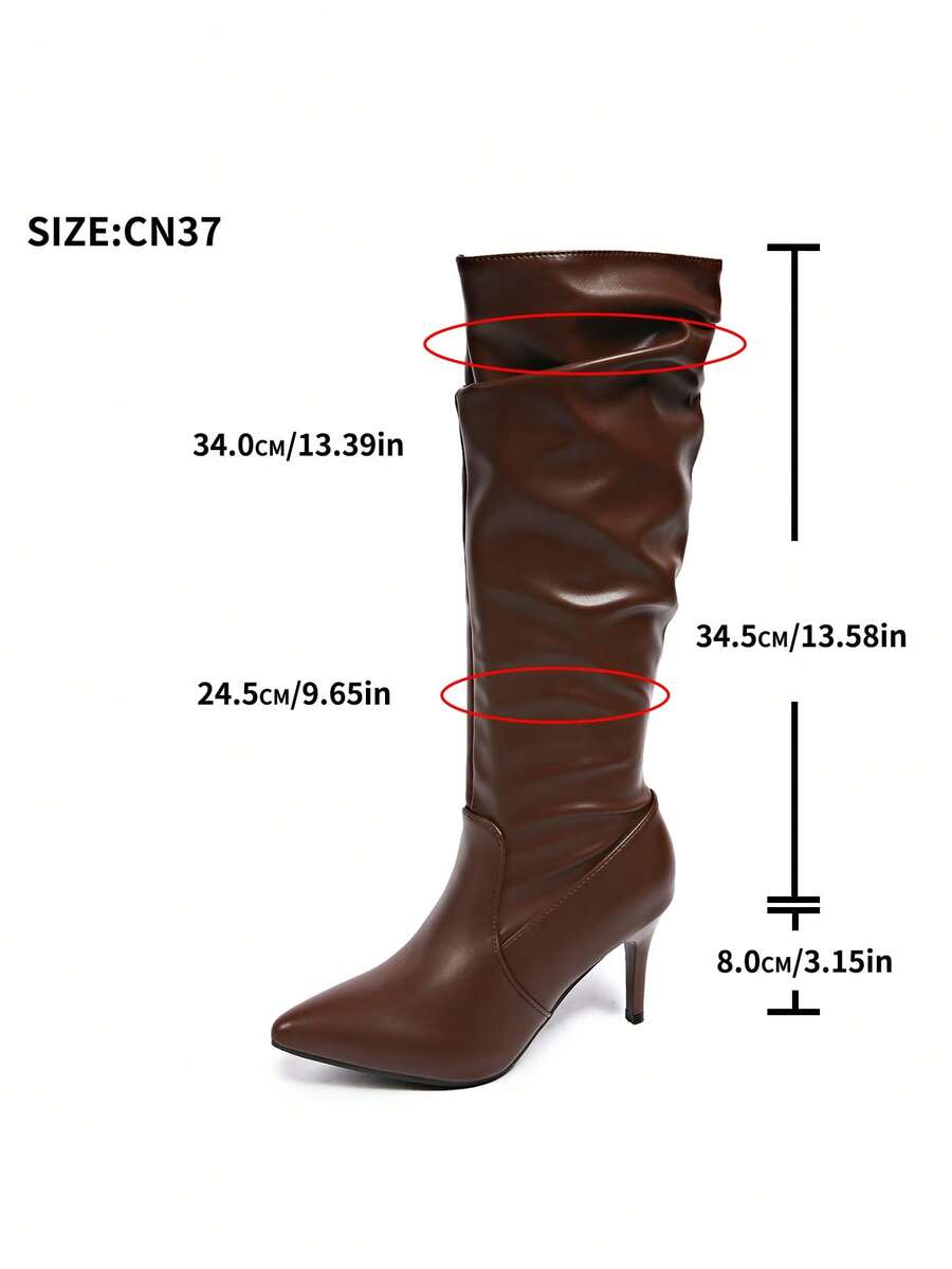Women's pointed toe wrinkled knee-high boots with slim kitten heels in slip-on slouchy design