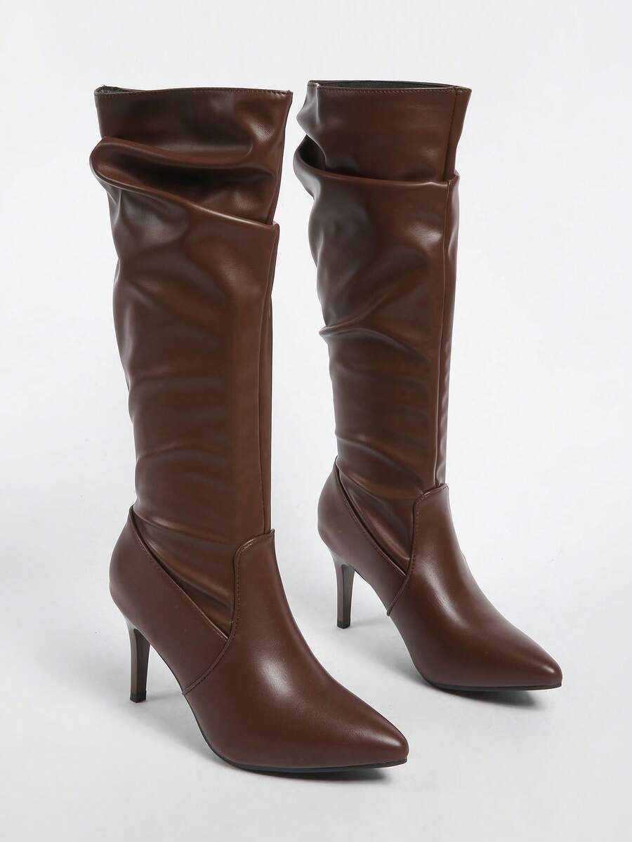Women's pointed toe wrinkled knee-high boots with slim kitten heels in slip-on slouchy design