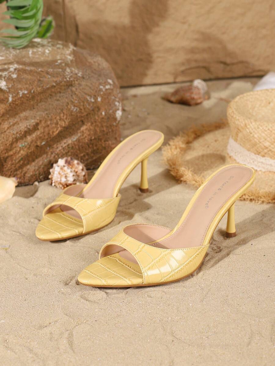 Women's elegant open toe high heel slip-on mules sandals with strap detail and stiletto heel
