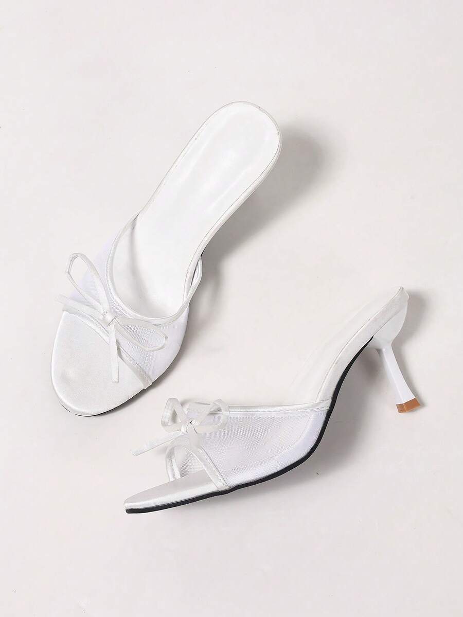 Women's black open toe mesh slide sandals with bowknot detail and stiletto heels
