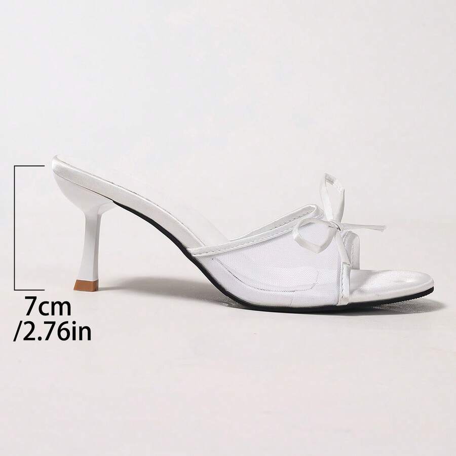 Women's black open toe mesh slide sandals with bowknot detail and stiletto heels