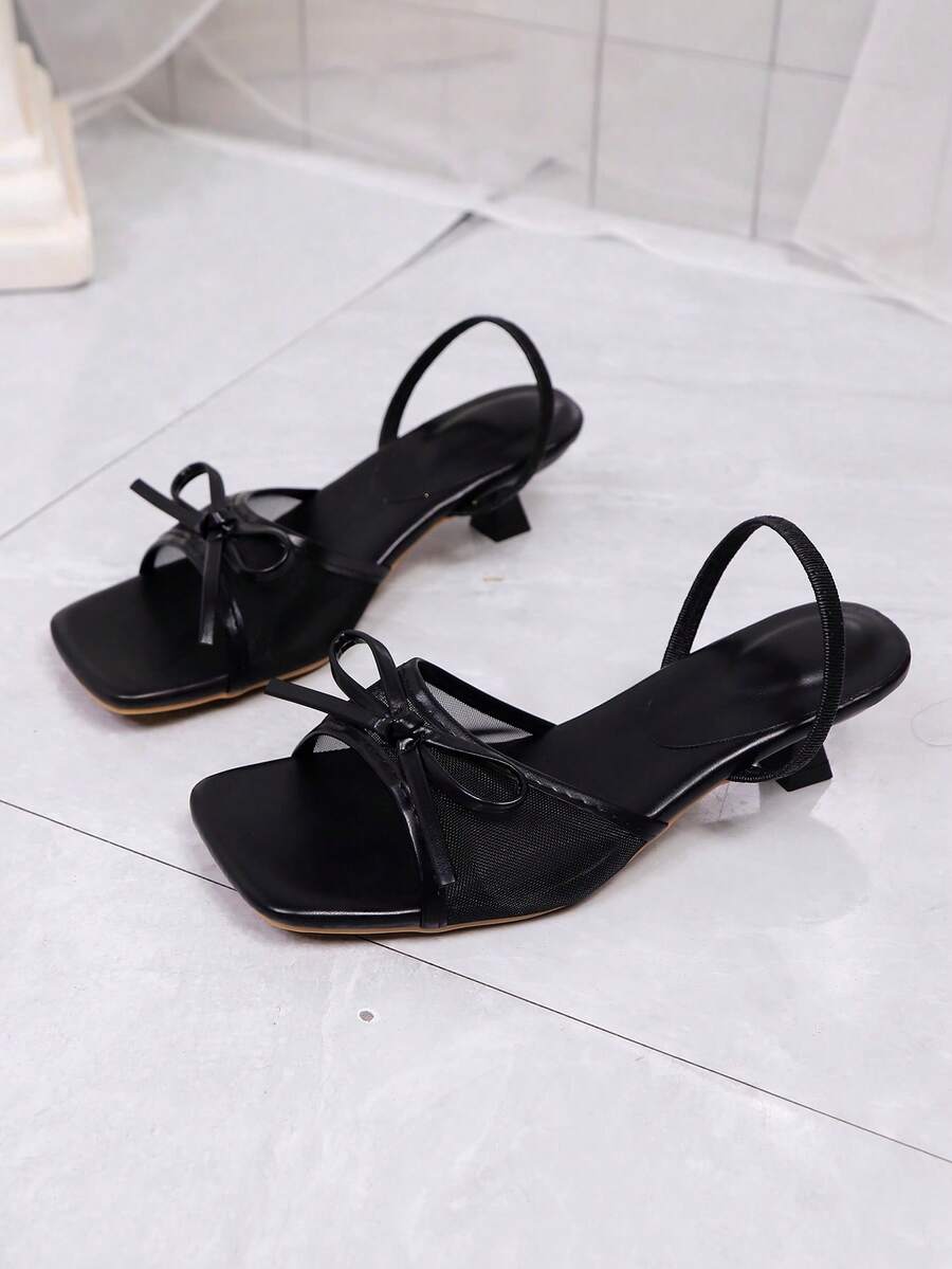 Square toe thin heel thong sandals for women featuring an open toe, bowknot detail, and slip-on slingback design.