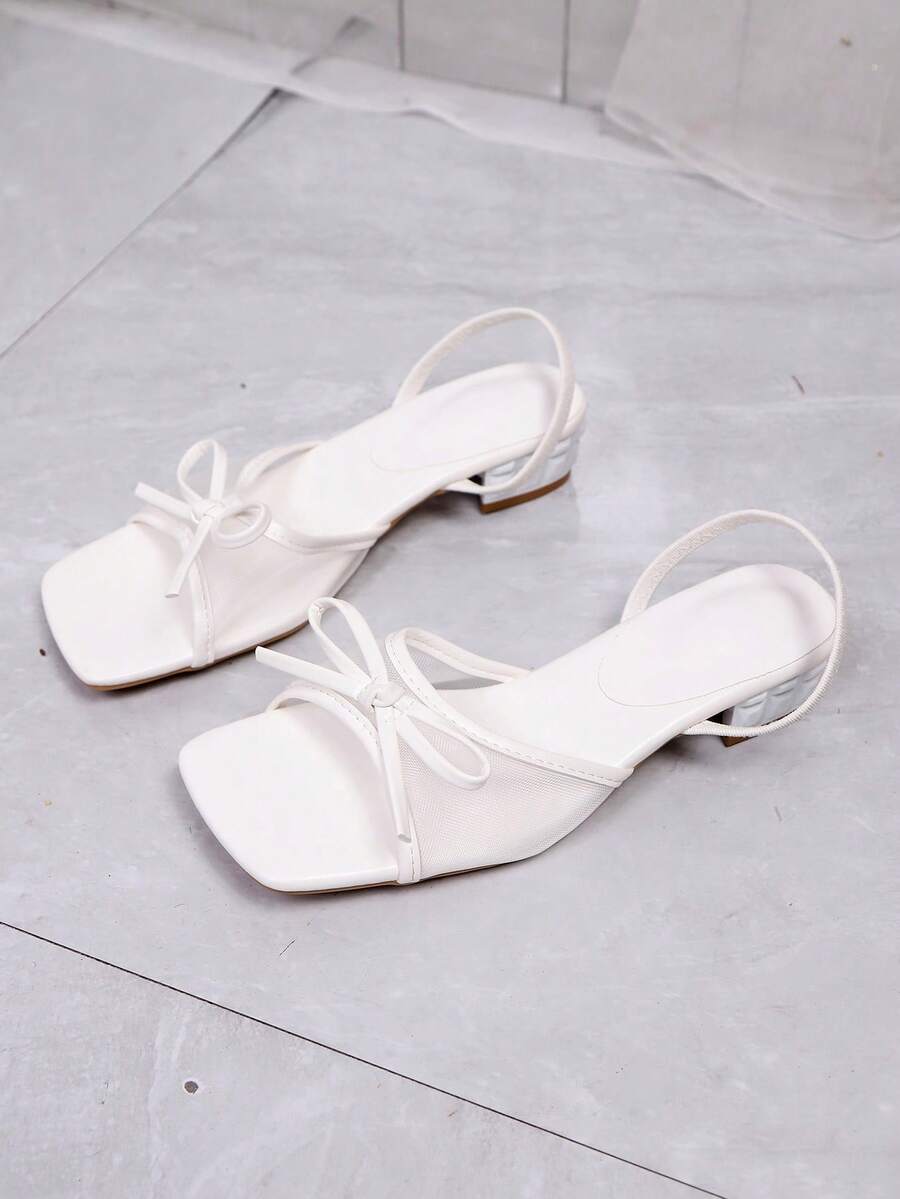 Square toe thin heel thong sandals for women featuring an open toe, bowknot detail, and slip-on slingback design.