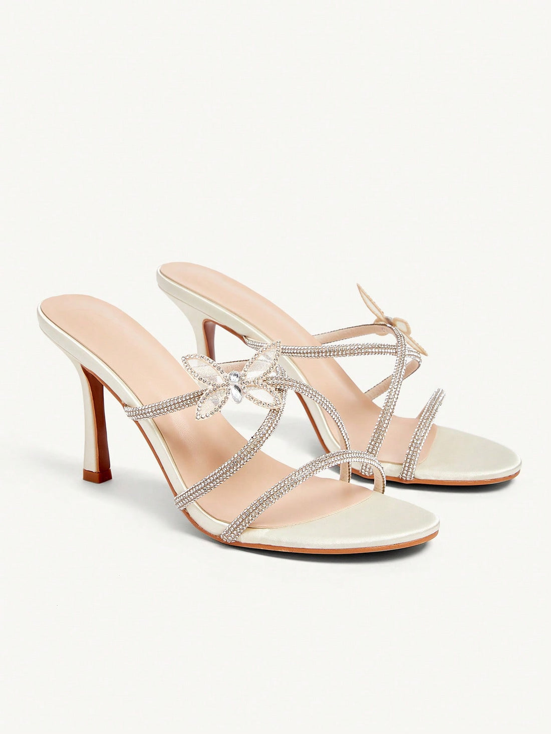 Butterfly high heel sandals featuring crystal embellished ankle straps, open toe design, and sleek stiletto heels for wedding and party wear.