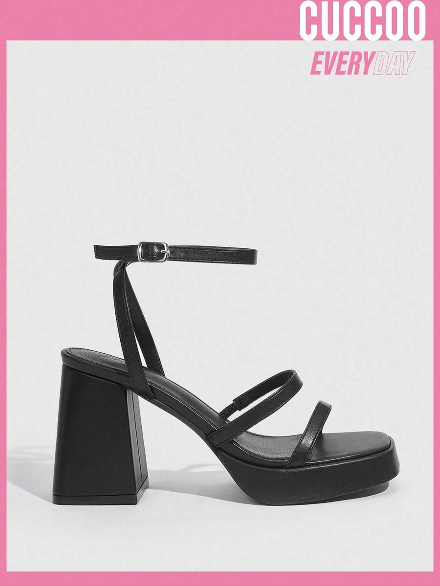 Women's high-heeled sandals with textured pattern, open toe design, chunky heel, and adjustable ankle buckle strap.