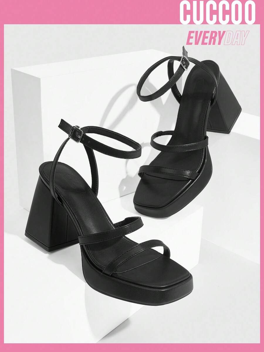 Women's high-heeled sandals with textured pattern, open toe design, chunky heel, and adjustable ankle buckle strap.