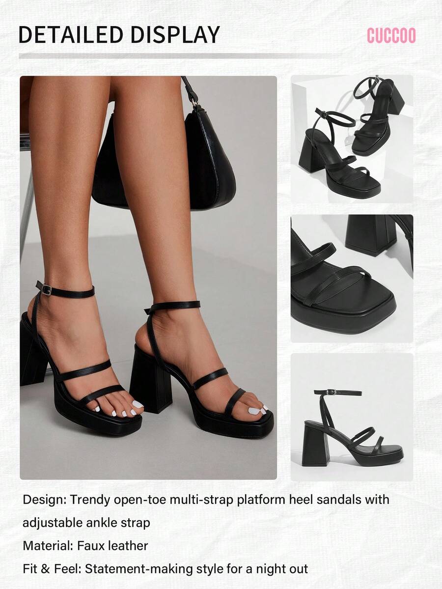 Women's high-heeled sandals with textured pattern, open toe design, chunky heel, and adjustable ankle buckle strap.
