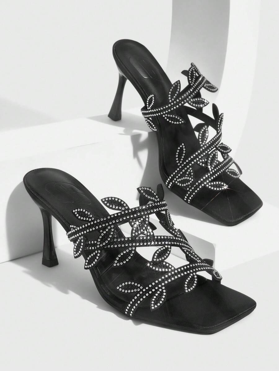 Square toe kitten heel sandals with sparkling rhinestone strap in light gold PU leather