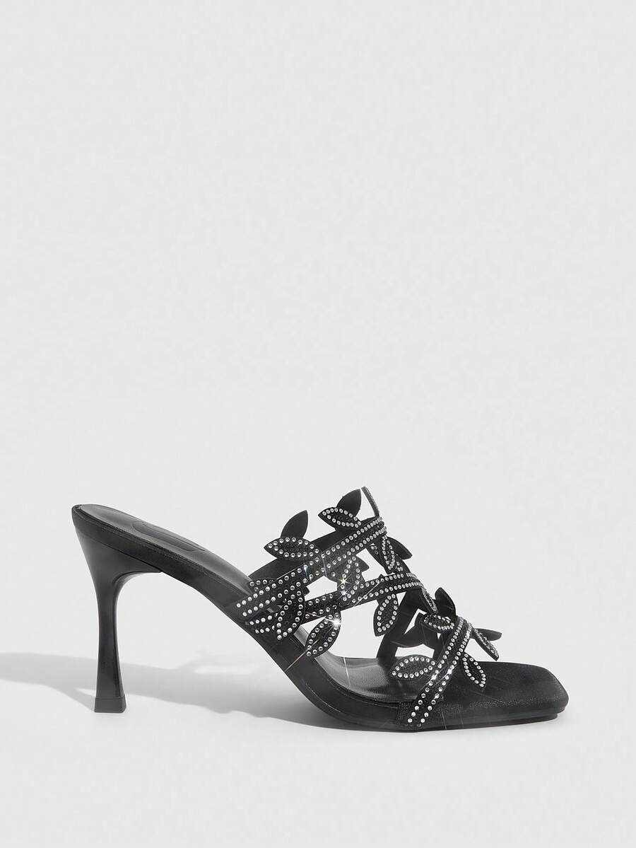 Square toe kitten heel sandals with sparkling rhinestone strap in light gold PU leather