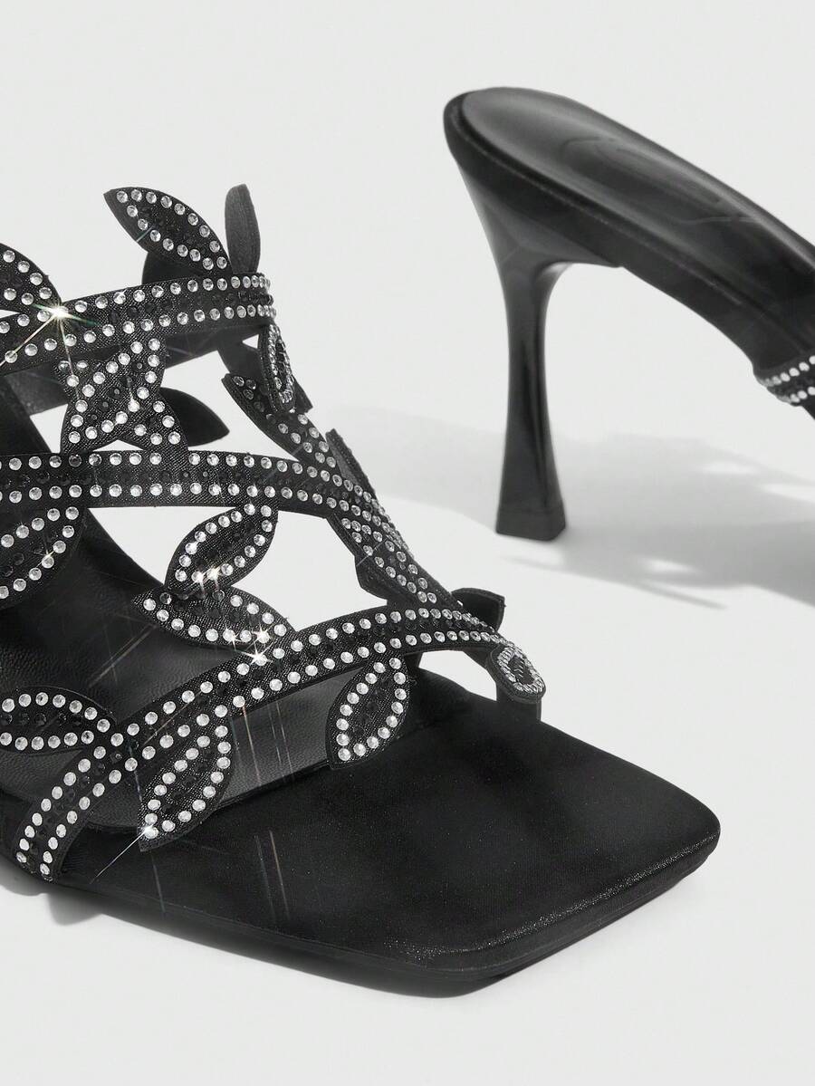 Square toe kitten heel sandals with sparkling rhinestone strap in light gold PU leather