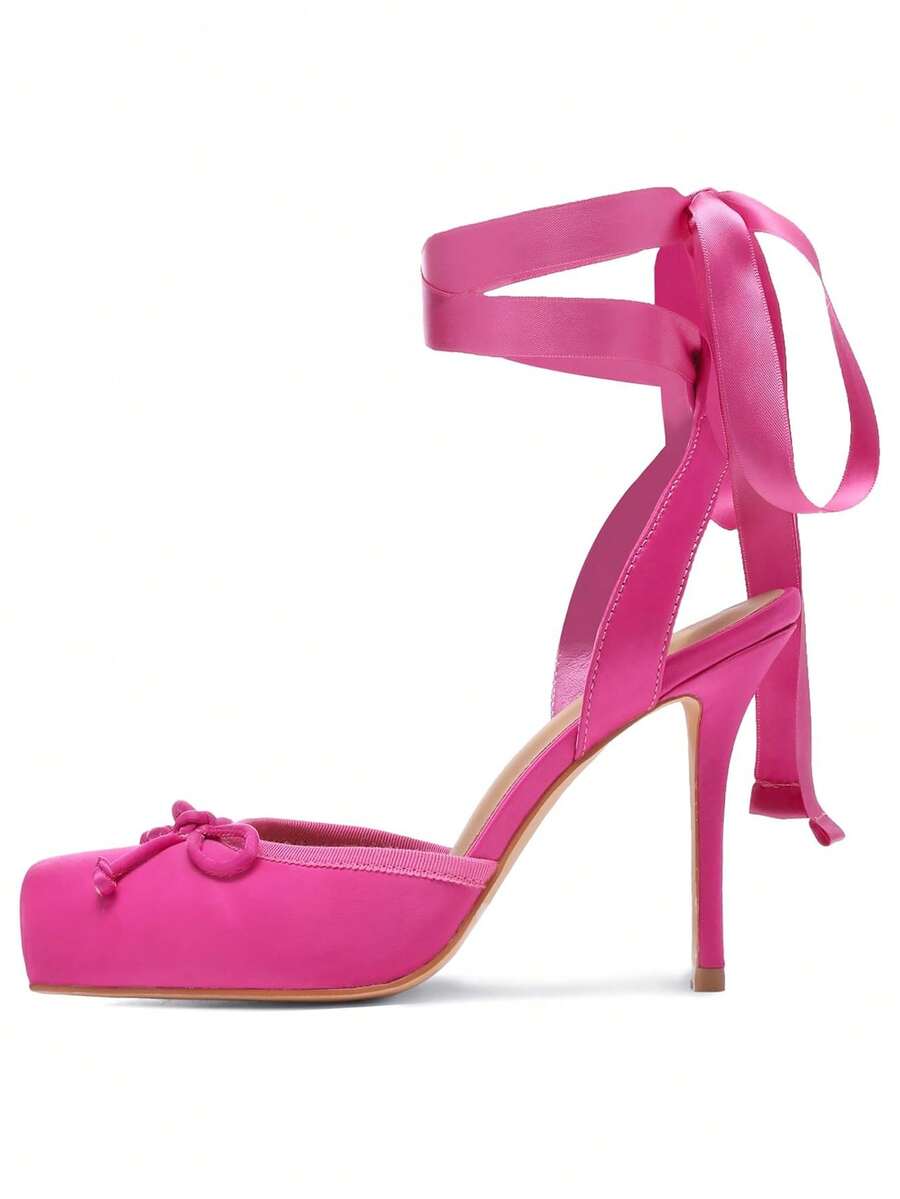 Women's square toe satin ballet stiletto heels with lace-up straps and bow detail.