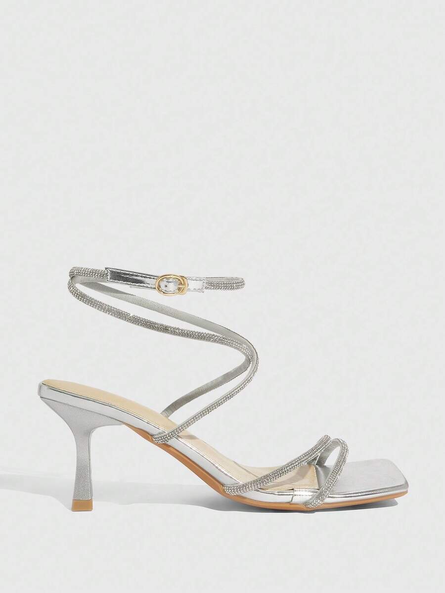 Square toe kitten heel sandals with sparkling rhinestone strap in light gold PU leather