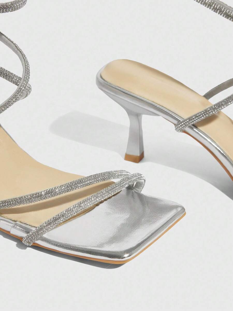 Square toe kitten heel sandals with sparkling rhinestone strap in light gold PU leather