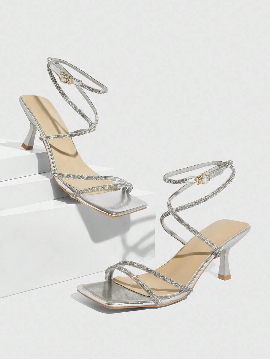 Square toe kitten heel sandals with sparkling rhinestone strap in light gold PU leather