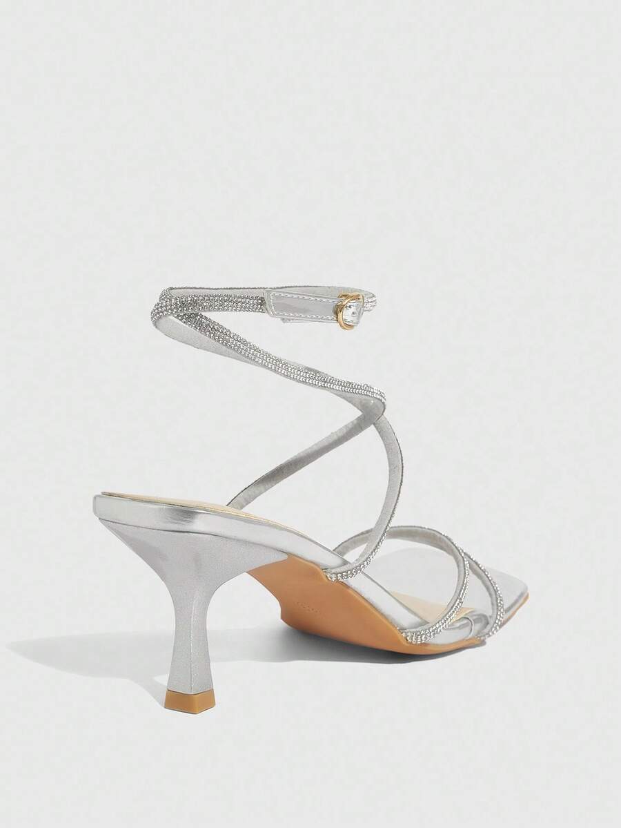 Square toe kitten heel sandals with sparkling rhinestone strap in light gold PU leather